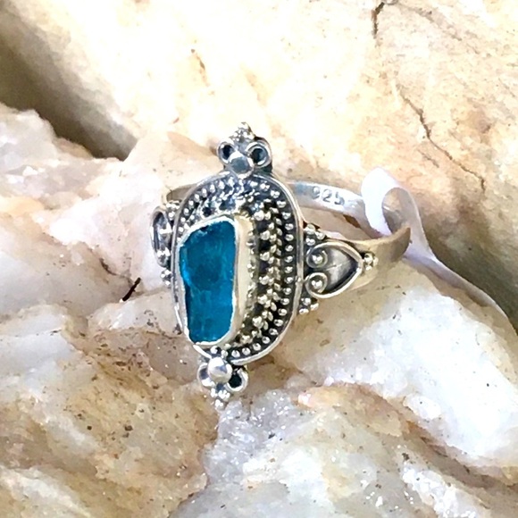 NEON BLUE APATITE Bali filigree sterling ring 7 - Picture 7 of 10